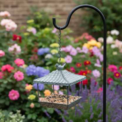 Hanging birdhouse seed tray feeder on a shepherd hook in a flowering cottage garden bed — rustic garden art