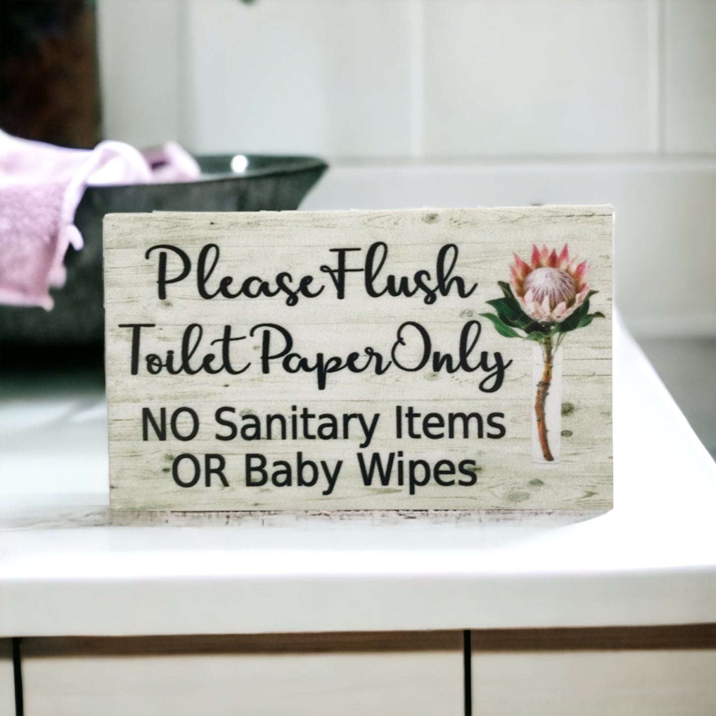 Flush Toilet Paper Only No Sanitary Baby Wipes Protea Sign - The Renmy Store Homewares & Gifts 