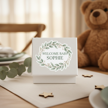 Woodland baby naming day sticker on white gift box with eucalyptus, wooden stars and teddy bear — personalised baby celebration stickers Australia