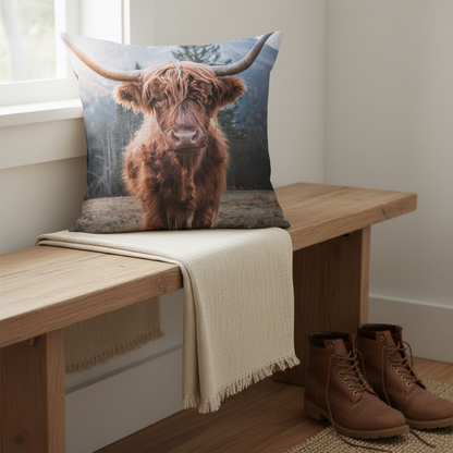 Highland cow cushion on a timber bench in a farmhouse entryway — 45x45cm country cushion cover
