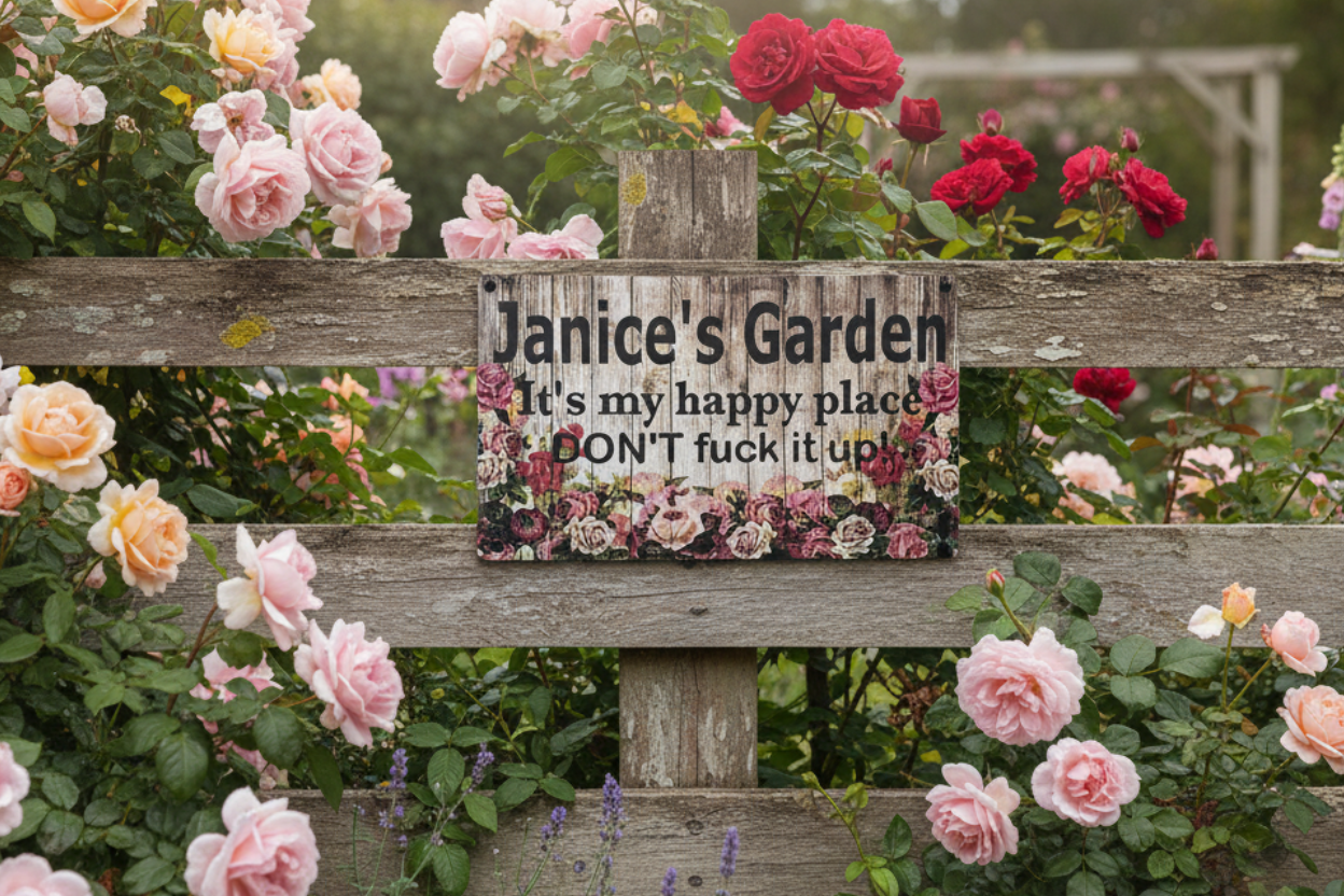 Custom Floral Garden Rose Sign mounted on rustic garden fence with blooming roses — Australian Made