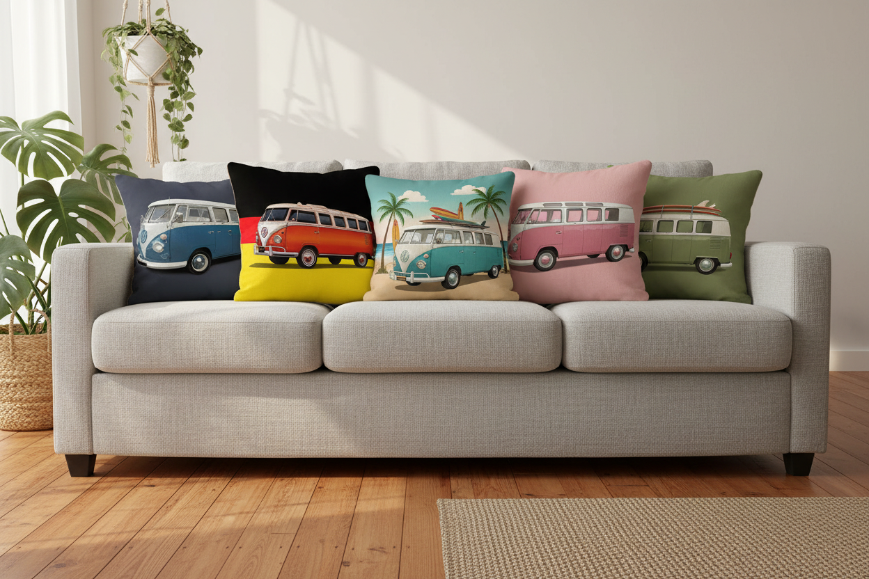 VW Kombi Van Cushion Covers styled on sofa — retro vintage bus art — multiple colours