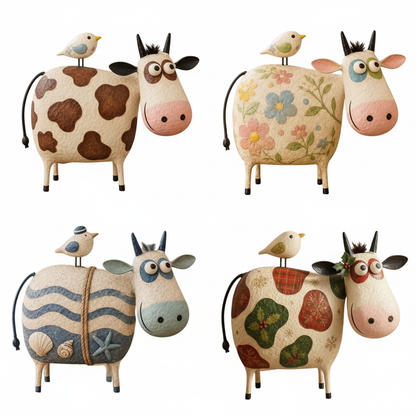All four rustic resin cow figurines — Daisy the Dairy Cow, Poppy the Flower Cow, Sailor Sal the Coastal Cow and Merry the Christmas Cow — shown together in a four design grid