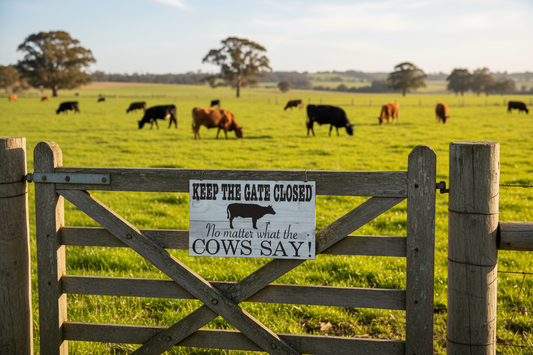 Keep Gate Closed Cows Say Sign - Farm Gate Timber Look