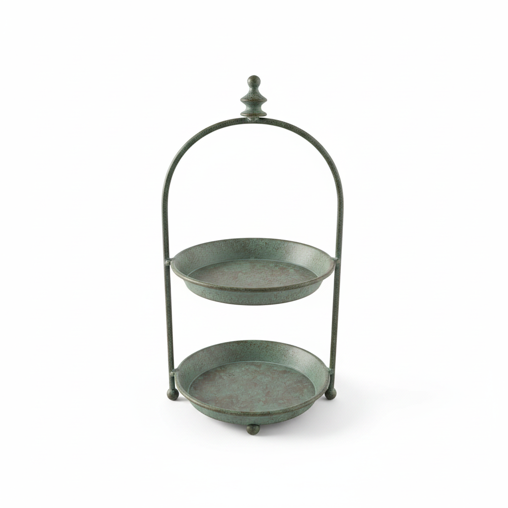 Vintage two-tier metal stand in verdigris green with arched handle and finial on a white background — rustic display tray decor