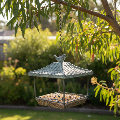 Vintage metal bird feeder hanging from a leafy tree branch with seed in the tray — backyard garden bird feeder