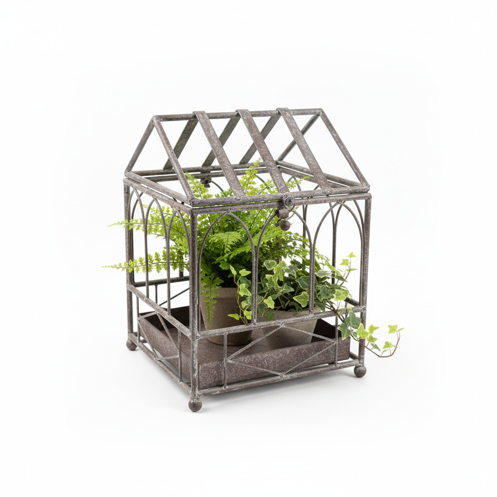 Vintage cathedral terrarium with a potted fern and trailing ivy inside on a white background — antique grey iron greenhouse planter