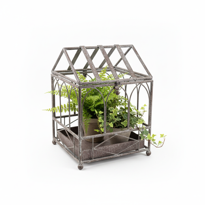 Vintage cathedral terrarium with a potted fern and trailing ivy inside on a white background — antique grey iron greenhouse planter
