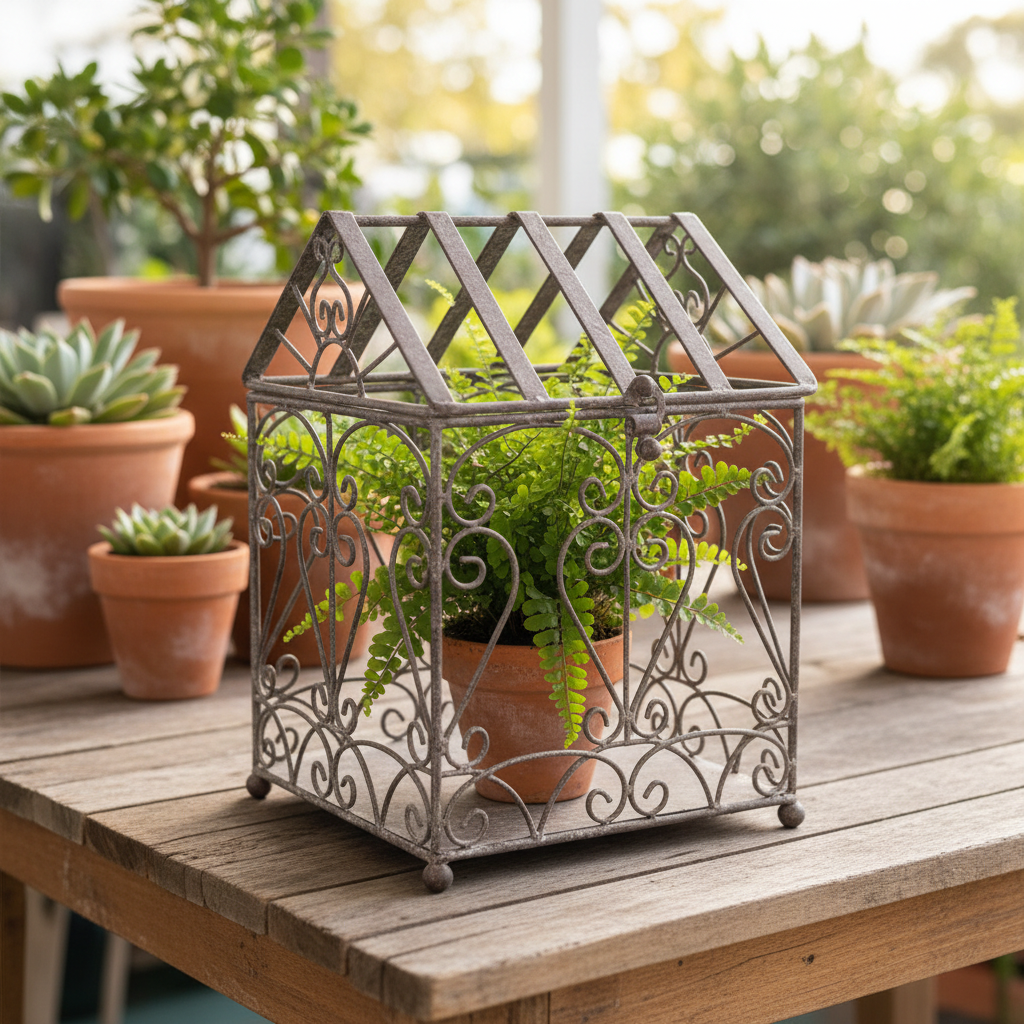 French Scroll terrarium holding a potted maidenhair fern on a rustic timber veranda table with terracotta pots — antique grey iron plant display decor