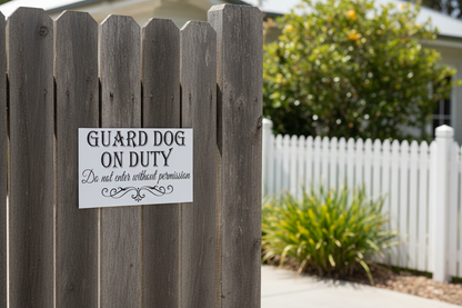 Guard Dog On Duty sign or sticker — white warning sign mounted on a timber driveway gate — personalised private property gate sign