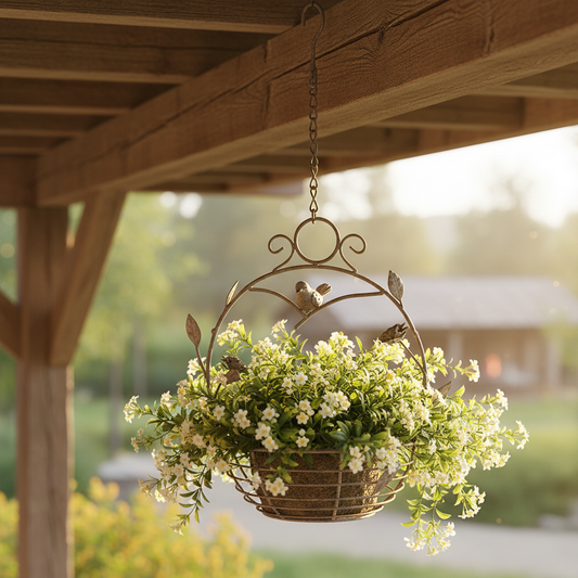 Rustic wire hanging basket planted with trailing greenery on a country veranda — metal hanging flower basket with birds
