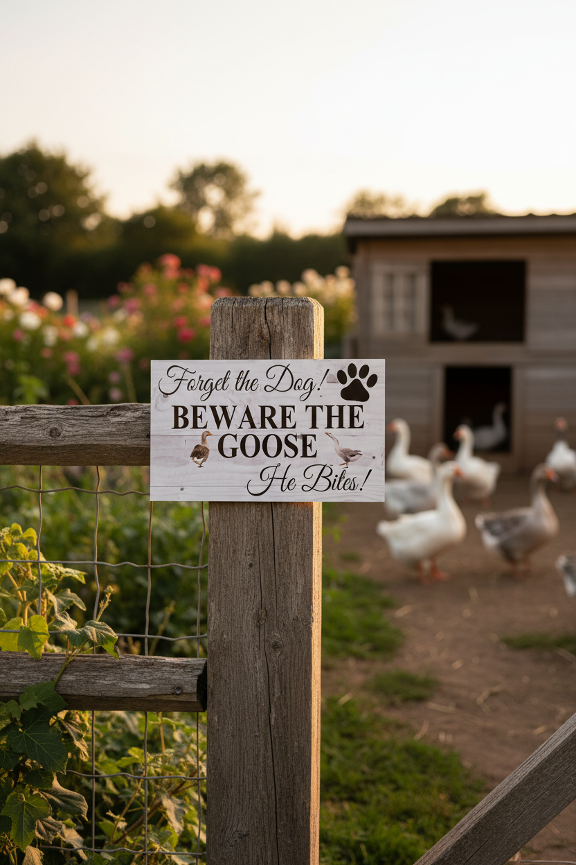 Beware Of Goose sign or sticker — whitewashed timber-look warning sign at a country poultry yard entrance — personalised farm gate sign