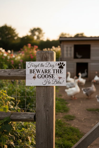 Beware Of Goose sign or sticker — whitewashed timber-look warning sign at a country poultry yard entrance — personalised farm gate sign