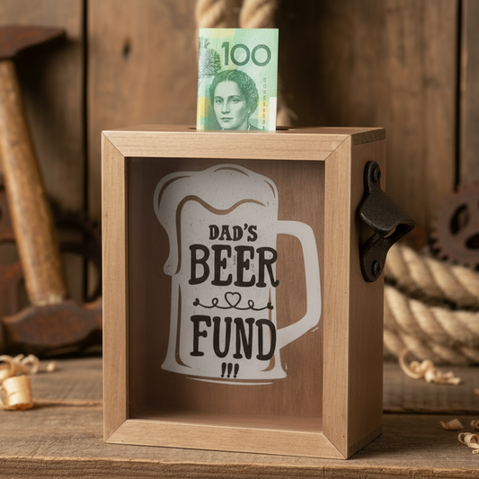Dad's Beer Fund Money Box with Bottle Opener | Rustic Timber & Glass | Father's Day Gift Australia