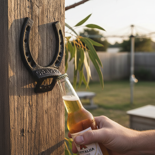 Cast Iron Horseshoe Bottle Opener — mounted on a backyard bar post opening a cold beer — rustic wall mounted beer opener