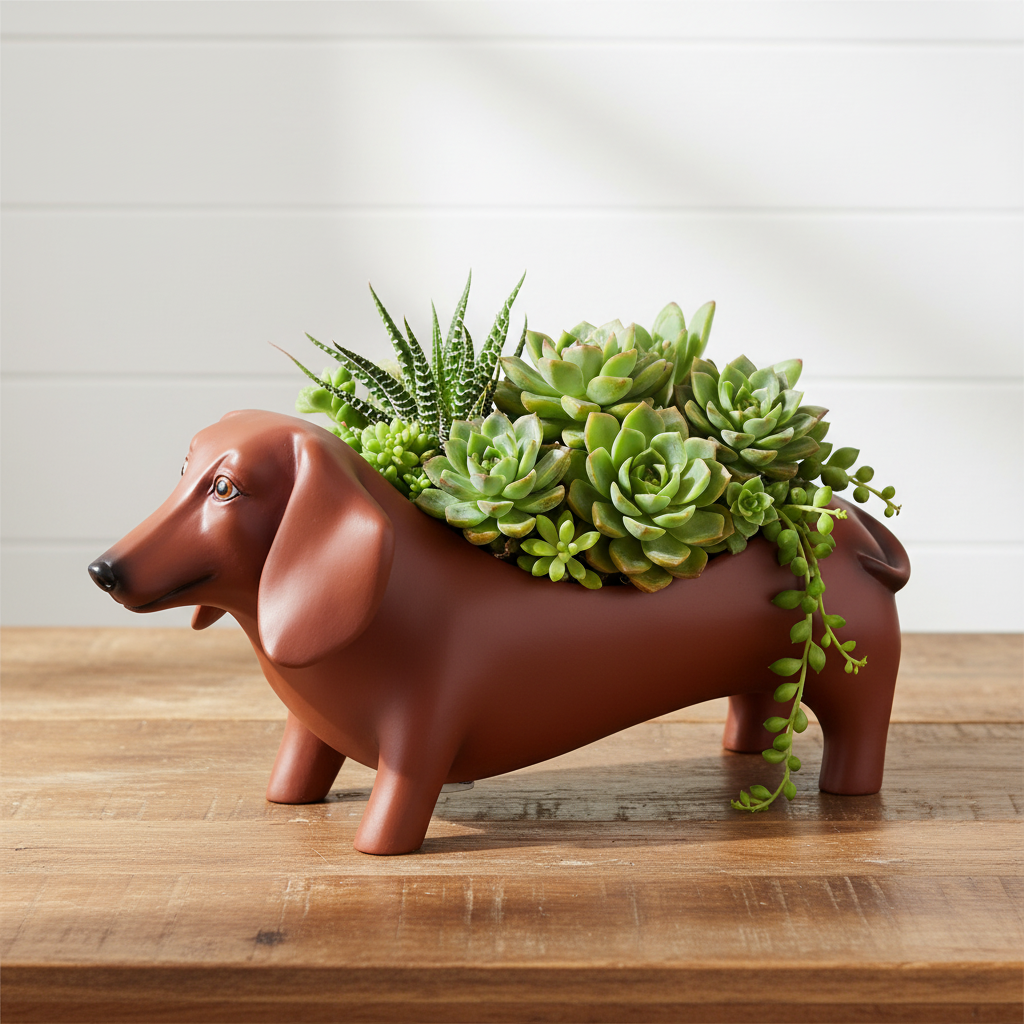 Dachshund Tan Pot Planter Small Resin Hand Painted - Sausage Dog Gift 21cm