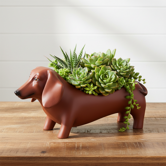 Dachshund Tan Pot Planter Small Resin Hand Painted - Sausage Dog Gift 21cm