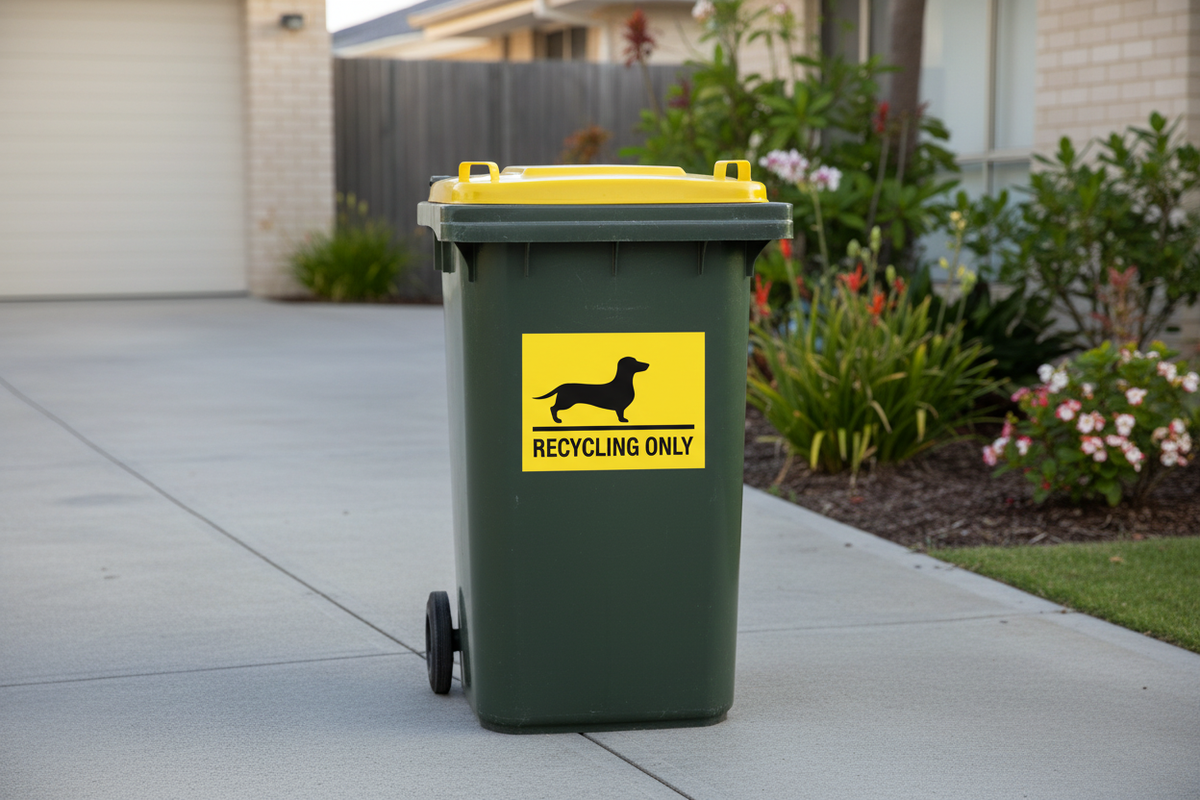 Yellow-lid recycling wheelie bin with yellow background black text Dachshund sticker reading Recycling Only — rubbish bin sticker applied outdoors, Aussie made