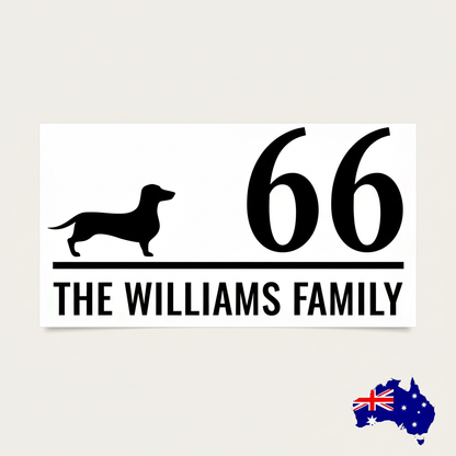 White background black text — personalised family name sticker reading The Williams Family with Dachshund design — custom rubbish bin sticker, Aussie made