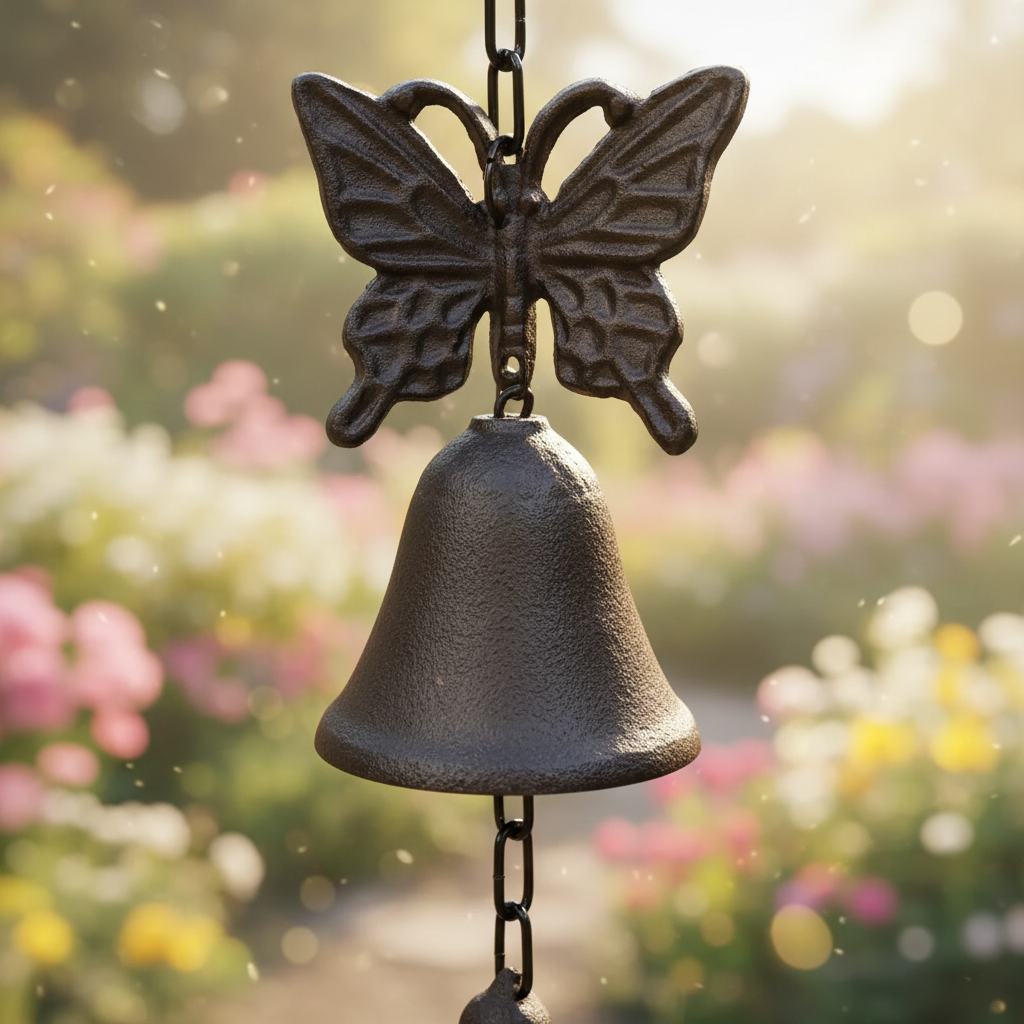 Cast Iron Butterfly Bell Wind Chime — Close Up Detail — Rustic Farmhouse Garden Decor — Australian Made