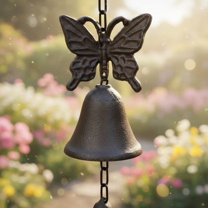 Cast Iron Butterfly Bell Wind Chime — Close Up Detail — Rustic Farmhouse Garden Decor — Australian Made