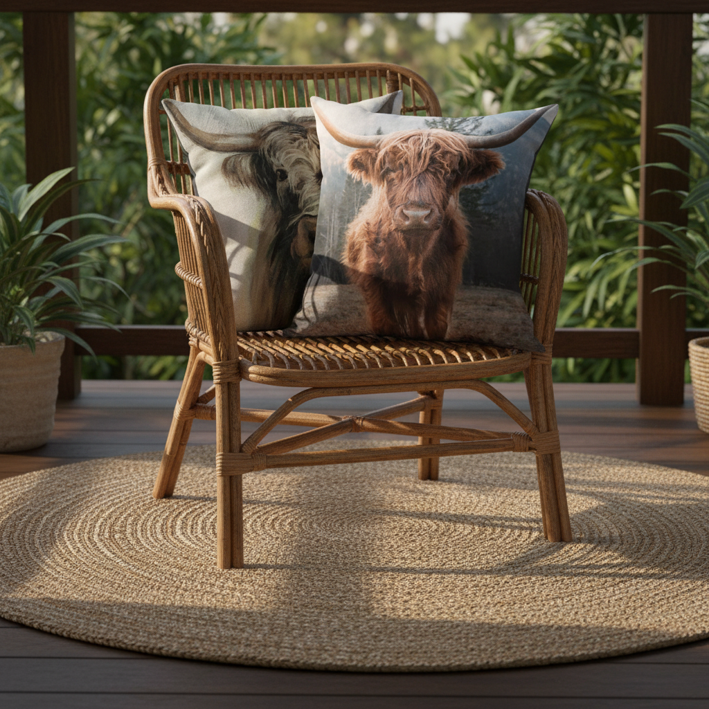 Two highland cow cushions layered on a rattan verandah chair — 45x45cm decorative cushion covers