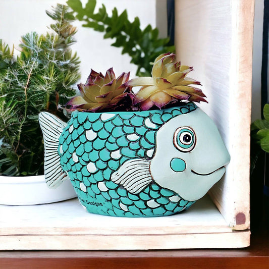 Fish Teal Funky Pot Planter Plant Small - The Renmy Store Homewares & Gifts 