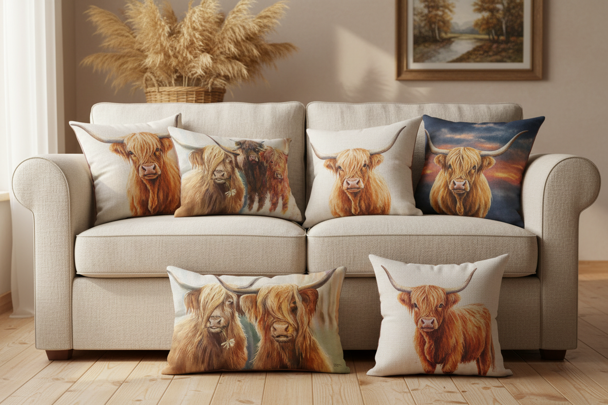 Highland Cow Watercolour Cushion Covers styled on farmhouse sofa — multiple designs