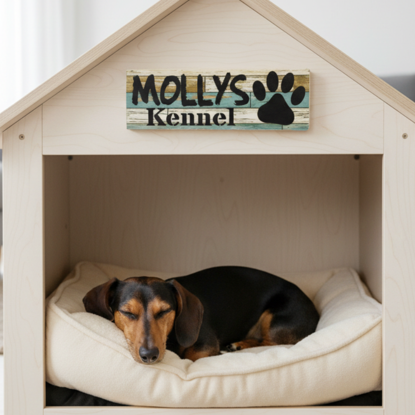 Dog Kennel Sign Custom Personalised - Blue Paw Print - Aussie Made