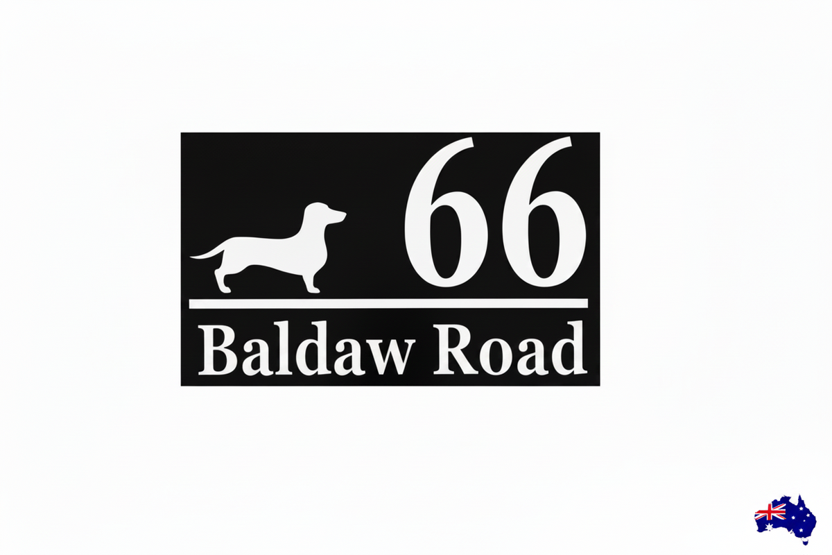 Black background white text — Dachshund house number and street sticker on a rectangular sign — rubbish bin sticker, outdoor address sticker, Aussie made