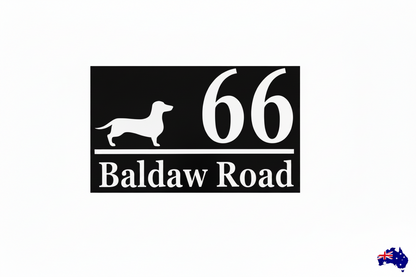 Black background white text — Dachshund house number and street sticker on a rectangular sign — rubbish bin sticker, outdoor address sticker, Aussie made