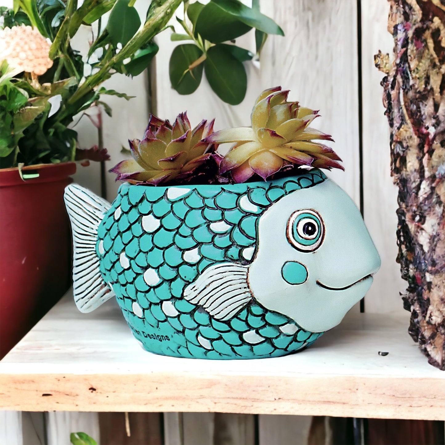 Fish Teal Funky Pot Planter Plant Small
