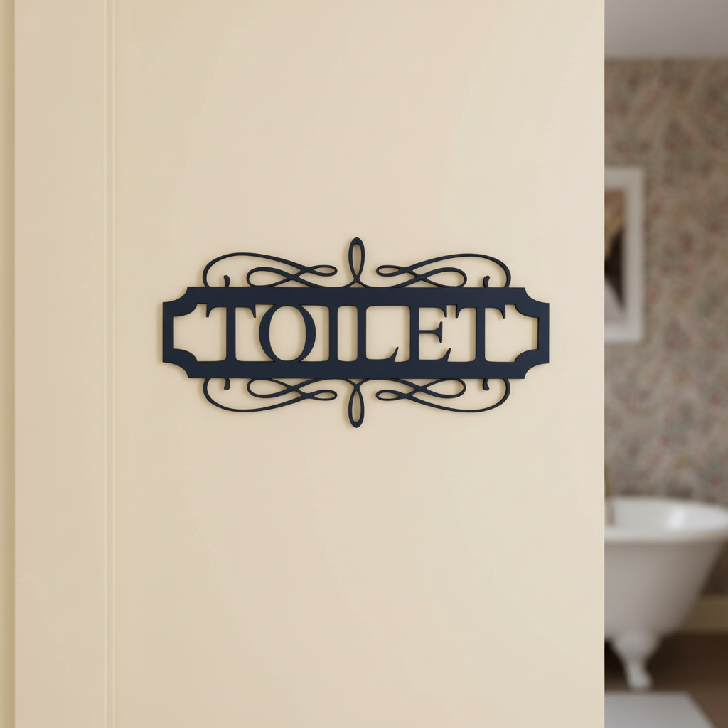 Toilet — deep charcoal navy painted MDF vintage scroll sign on a flat cream surface — painted DIY toilet door décor