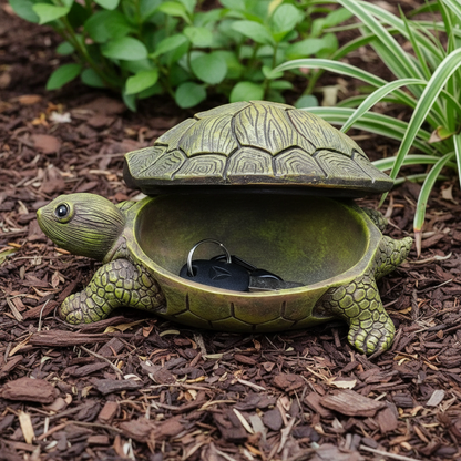 Turtle statue in a garden bed with the shell lifted revealing a spare key inside — hidden key storage garden ornament