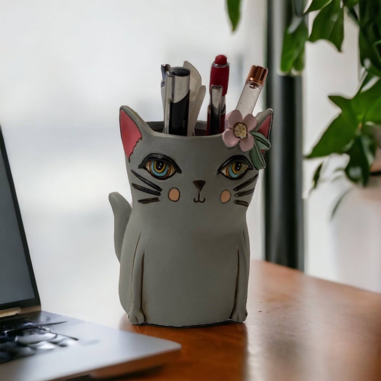 Cat Kitty Grey Pot Planter Plant Pen Holder - The Renmy Store Homewares & Gifts 