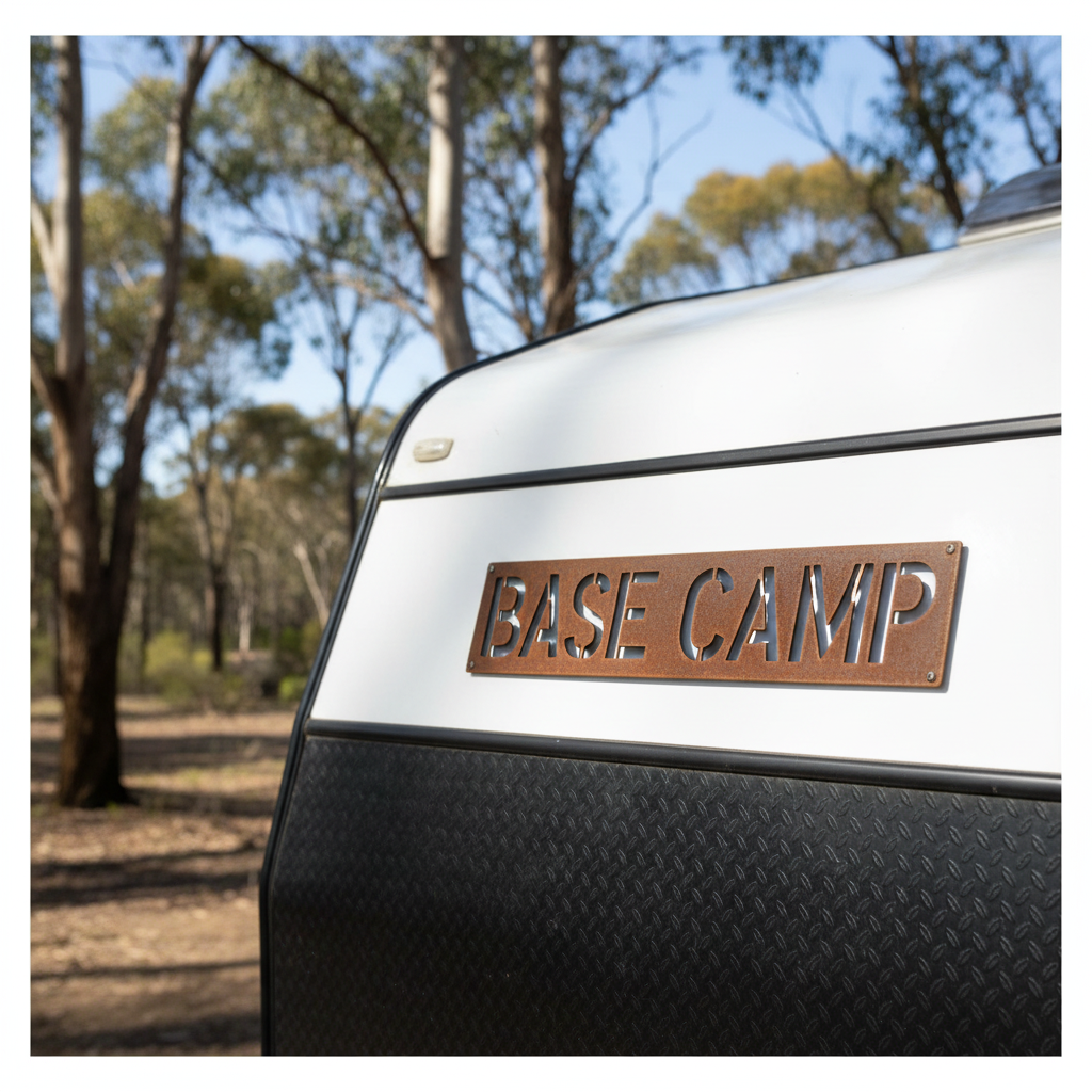 Base Camp rusty corten steel sign mounted on white caravan in Australian bush — Custom Caravan Sign Australia