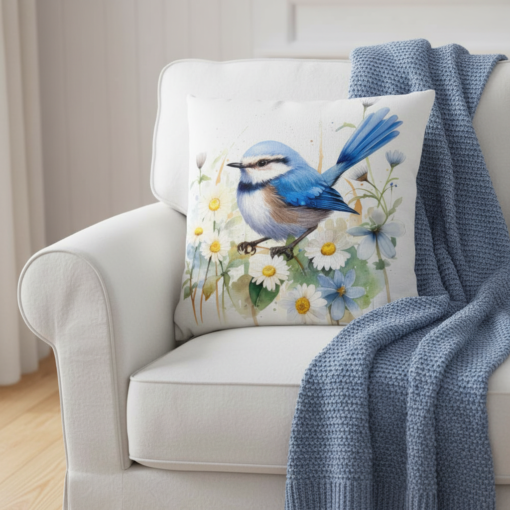 Blue wren watercolour cushion styled on a white Hamptons sofa with a blue throw — 45x45cm bird cushion cover