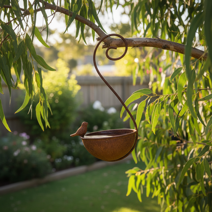 Rustic iron bird feeder hanging from a tree branch in a leafy backyard garden — hanging bird bath water dish