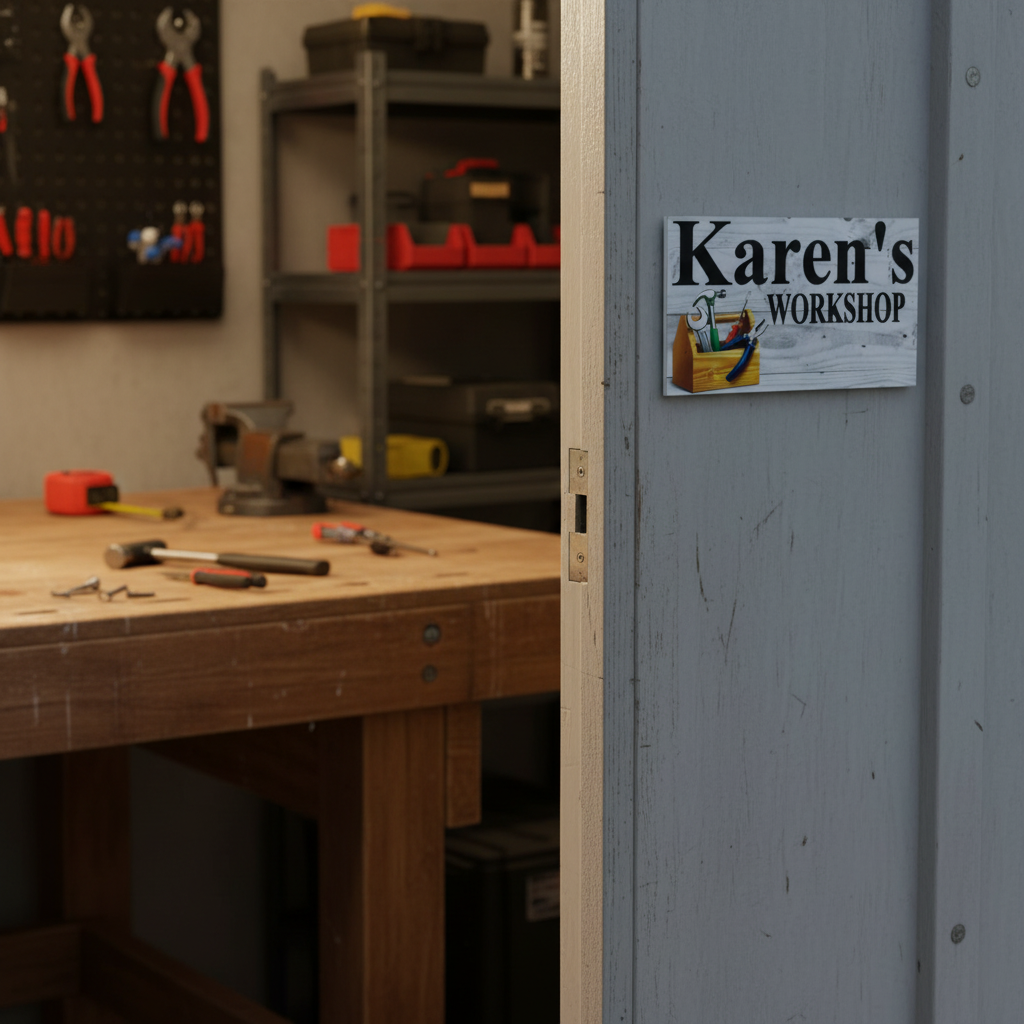 Workshop sign — Karen's Workshop personalised acrylic sign displayed on a shed entry beside tools — custom man cave and garage decor