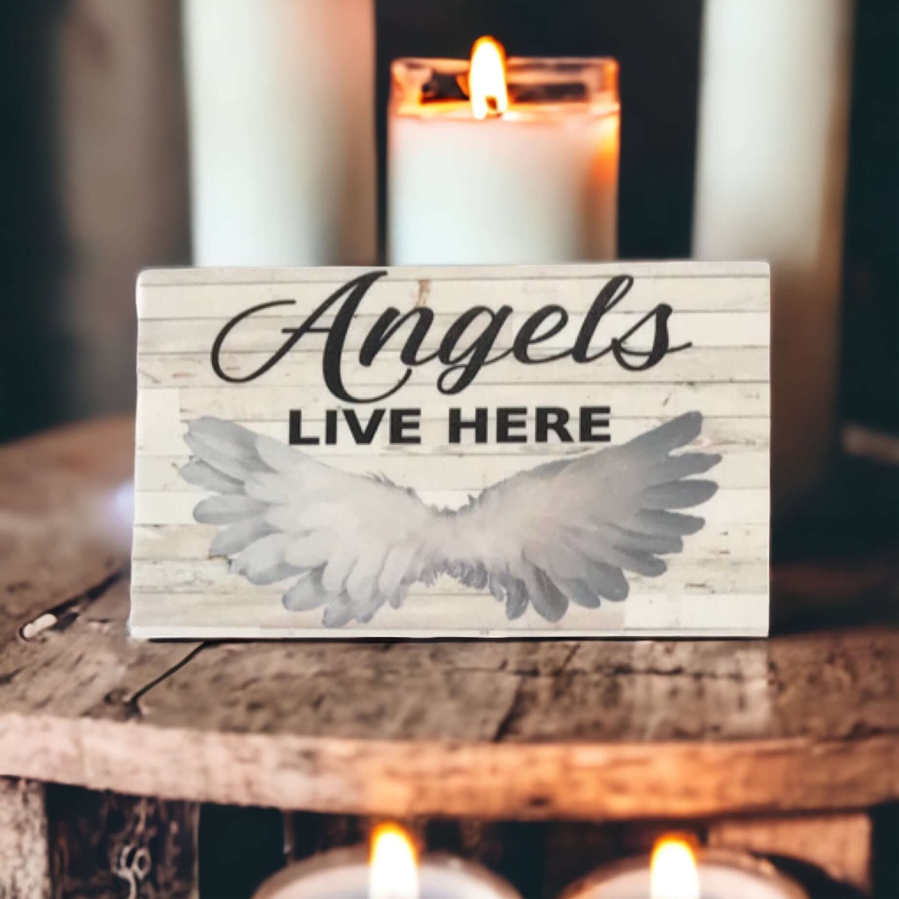 Angels Live Here Rustic White Sign - The Renmy Store Homewares & Gifts 