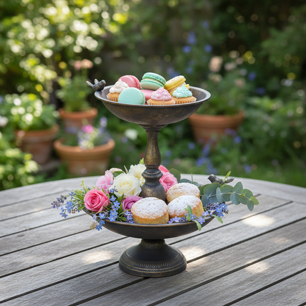 Vintage Double Tier Metal Tray Stand — Lifestyle — Garden Table Afternoon Tea Styling