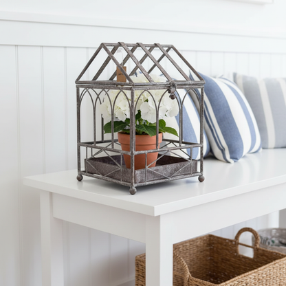 Vintage cathedral terrarium with a potted white hydrangea on a console table in a Hamptons coastal beach house — antique grey iron plant display decor