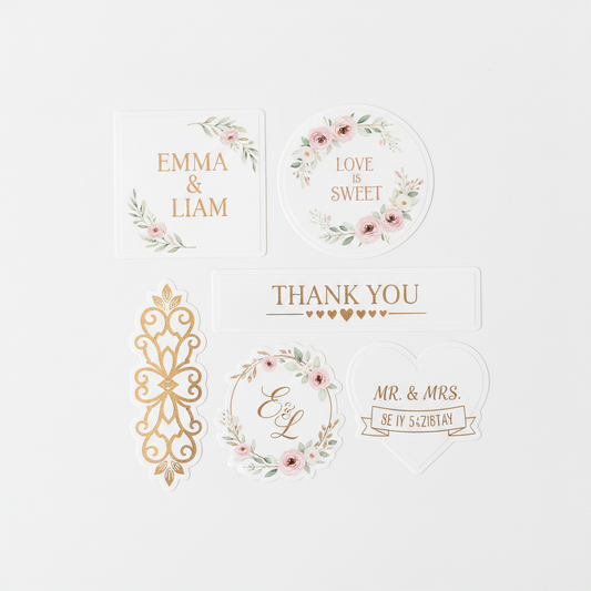 Wedding Collection — square, round, rectangle and die cut personalised stickers on a white background — custom wedding stickers and favour labels