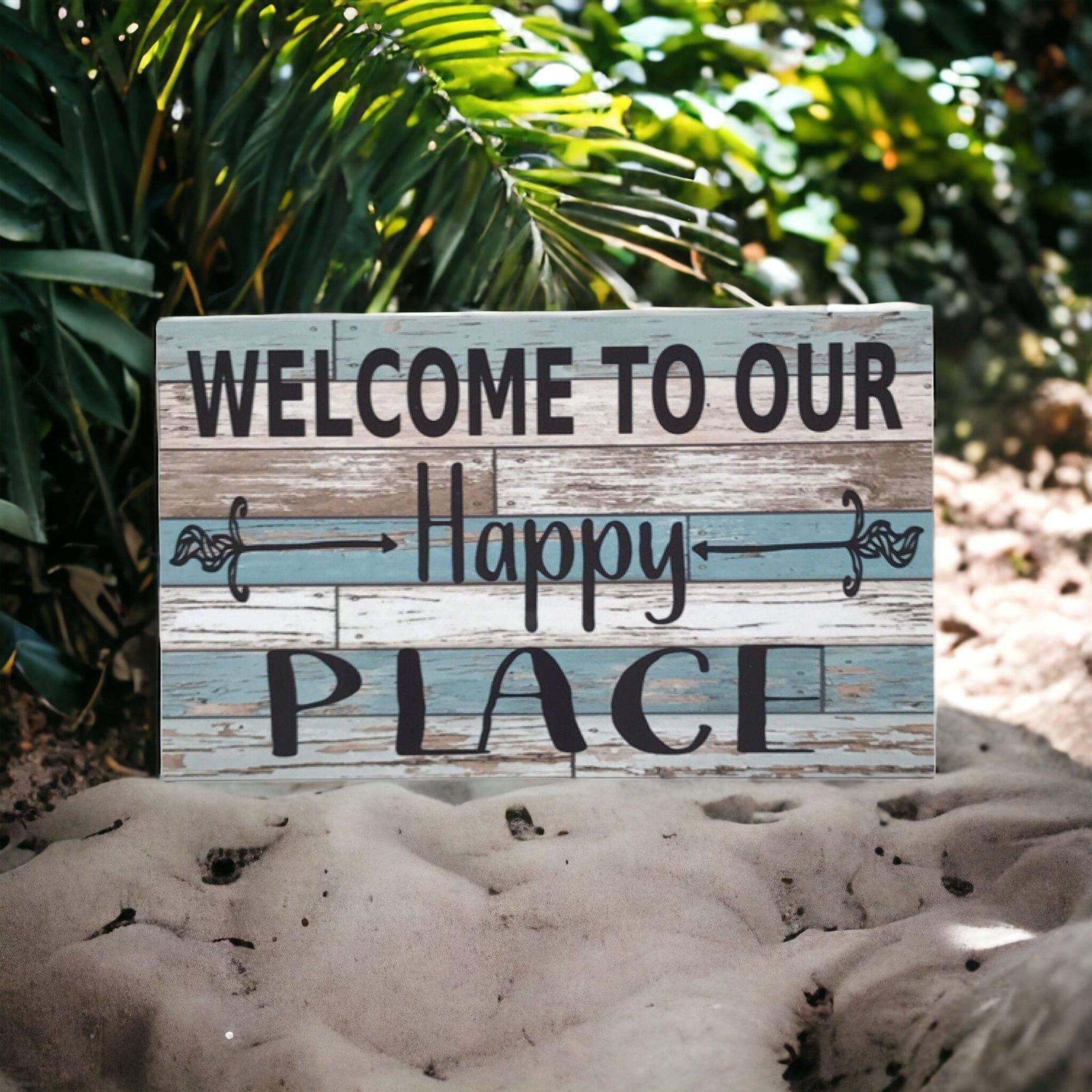 Welcome To Our Happy Place Rustic Blue Sign - The Renmy Store Homewares & Gifts 