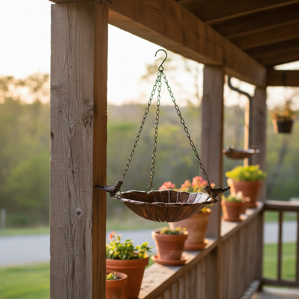 Antique copper hanging bird feeder on a country veranda beam beside potted plants — vintage outdoor decor