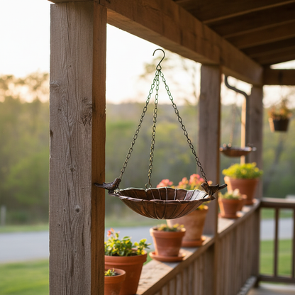 Antique copper hanging bird feeder on a country veranda beam beside potted plants — vintage outdoor decor