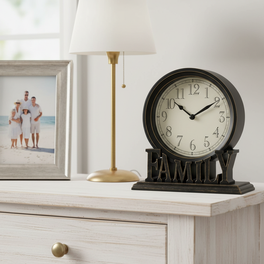 Distressed Black — FAMILY table clock on a timber hallway console beside a framed photo and brass lamp — vintage entryway decor clock