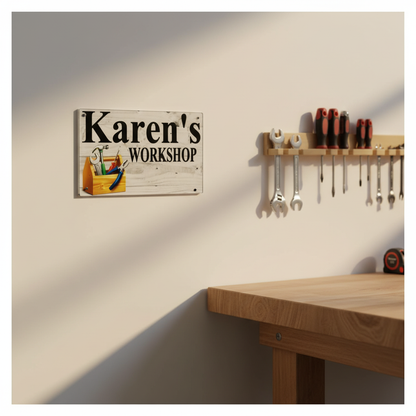 Plaque sign — Karen's Workshop personalised acrylic sign beside organised hand tools and workbench — custom garage workshop decor