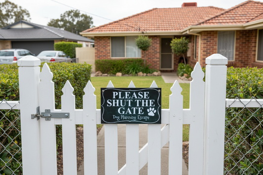 Please Shut Gate Dog Planning Escape Sign - Funny Dog