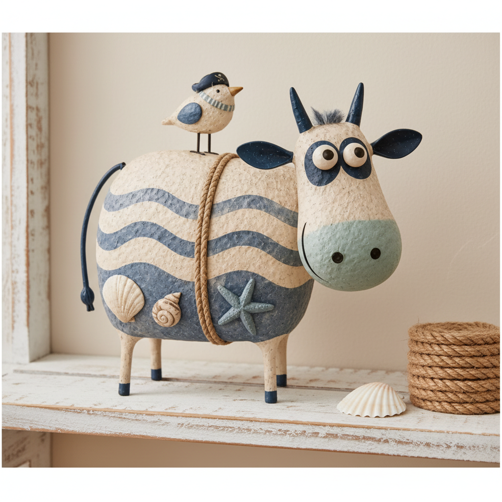 Coastal cow figurine with shells and rope belt on a whitewashed timber shelf — nautical resin cow statue with sailor bird